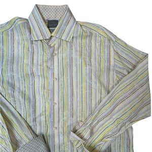 Thomas Dean Men’s Paisley Yellow Striped Flip Cuff Shirt XL Pima Cotton